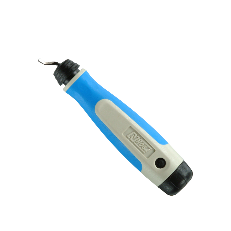 Rebarbador Mágico NOGA Magic Burr 2 NG2002 com cabo ergonômico NogaGrip azul e lâminas N — ferramenta de rebarbação leve para peças pequenas e chapas finas, fornecida pela Hebron Ferramentas