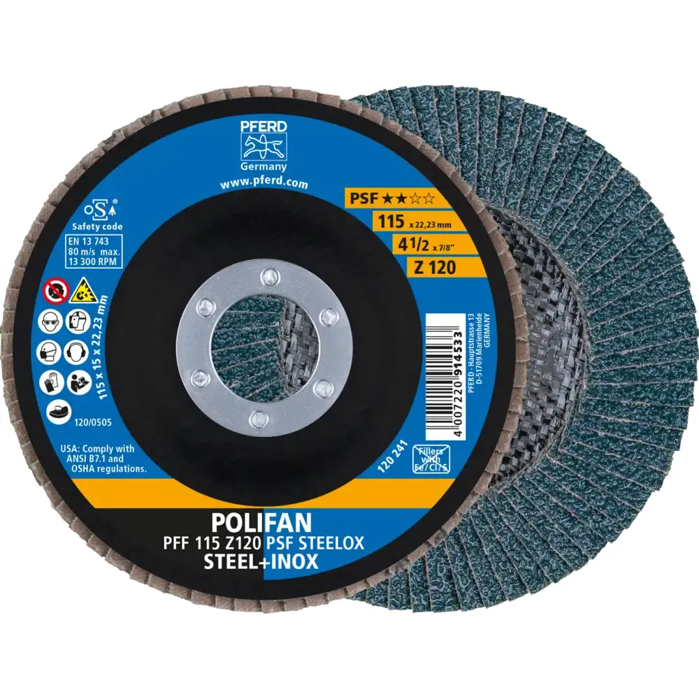 Disco Flap POLIFAN PSF STEELOX (costado de fibra) — PFERD, Hebron Ferramentas