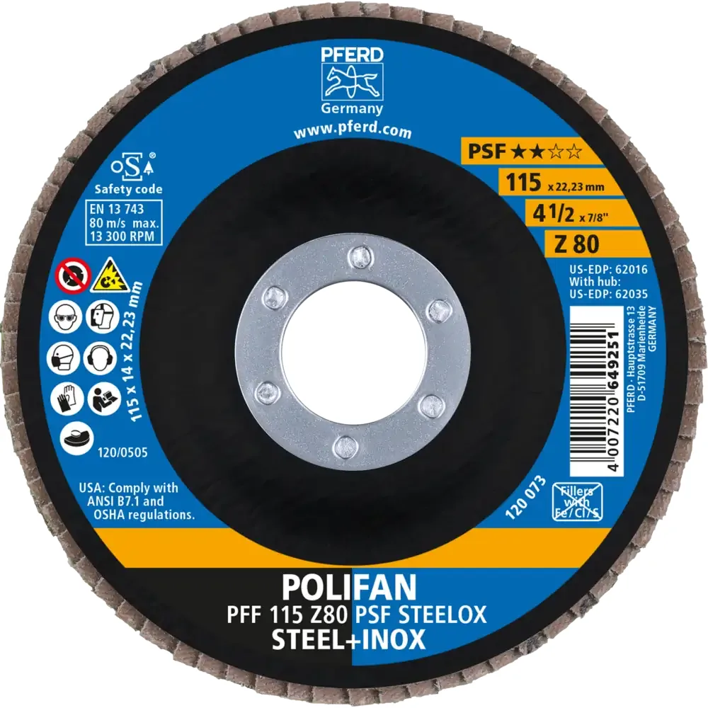 Disco Flap POLIFAN PSF STEELOX (costado de fibra) — PFERD, Hebron Ferramentas
